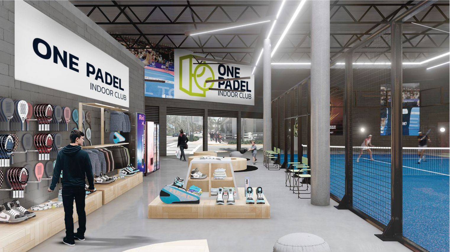 Bright modern padel store interior with a clean, organized display of rackets and accessories